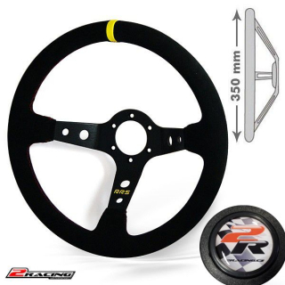 Semišový závodní volant RRS Rally 350mm/90mm 3 ramenný s tlačítkem klaksonu